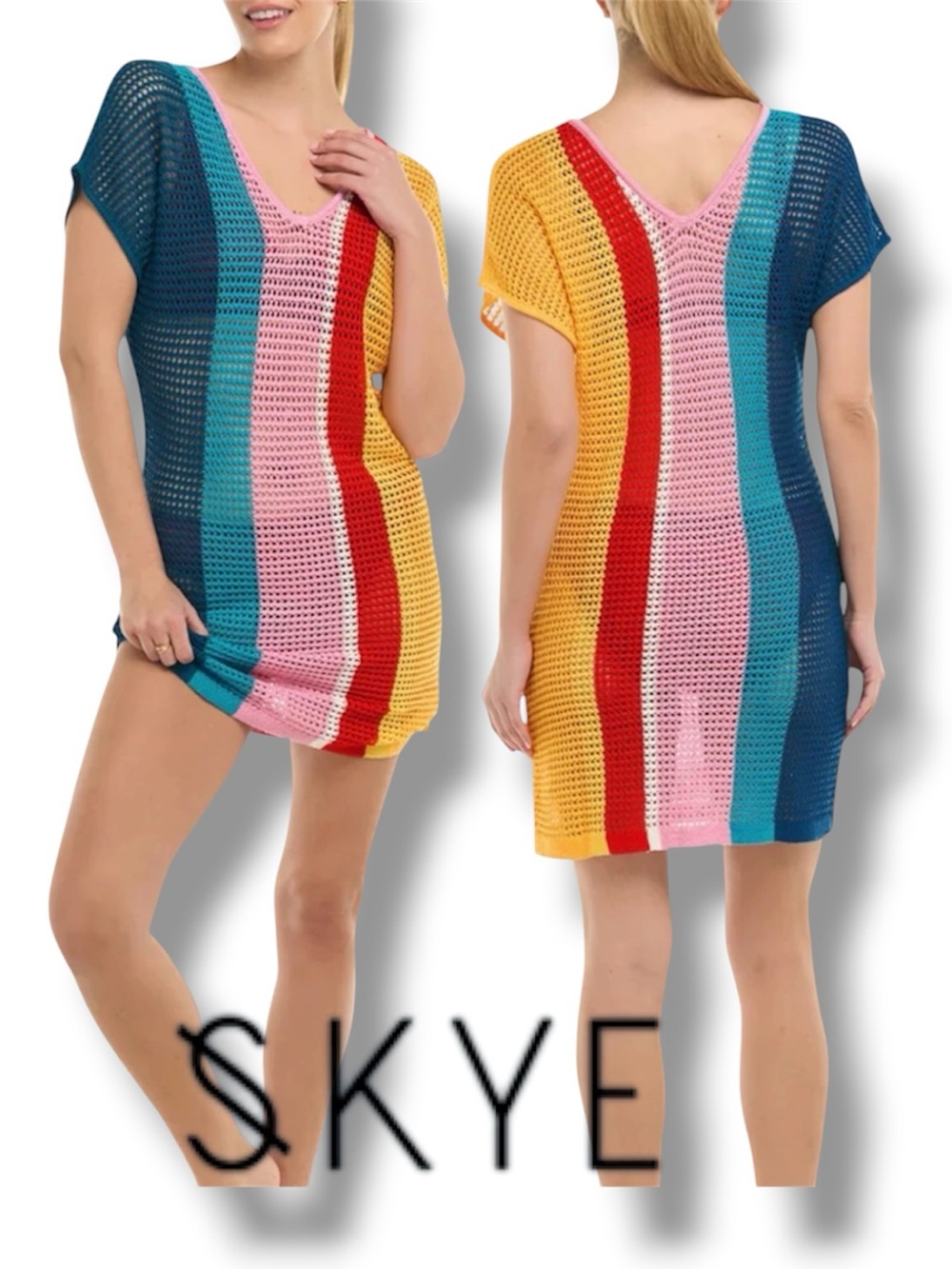 Crochet Swim Cover Up Robe Aubade Rainbow Knit SKYE Size Large - Picture 1 of 11